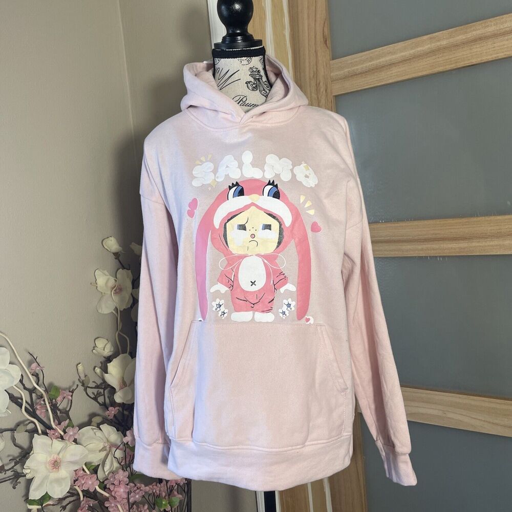 Kawaii Pastel Pink Bunny Hoodie Womens S Cute Anime Graphic Sweatshirt Soft Girl - Picture 1 of 7